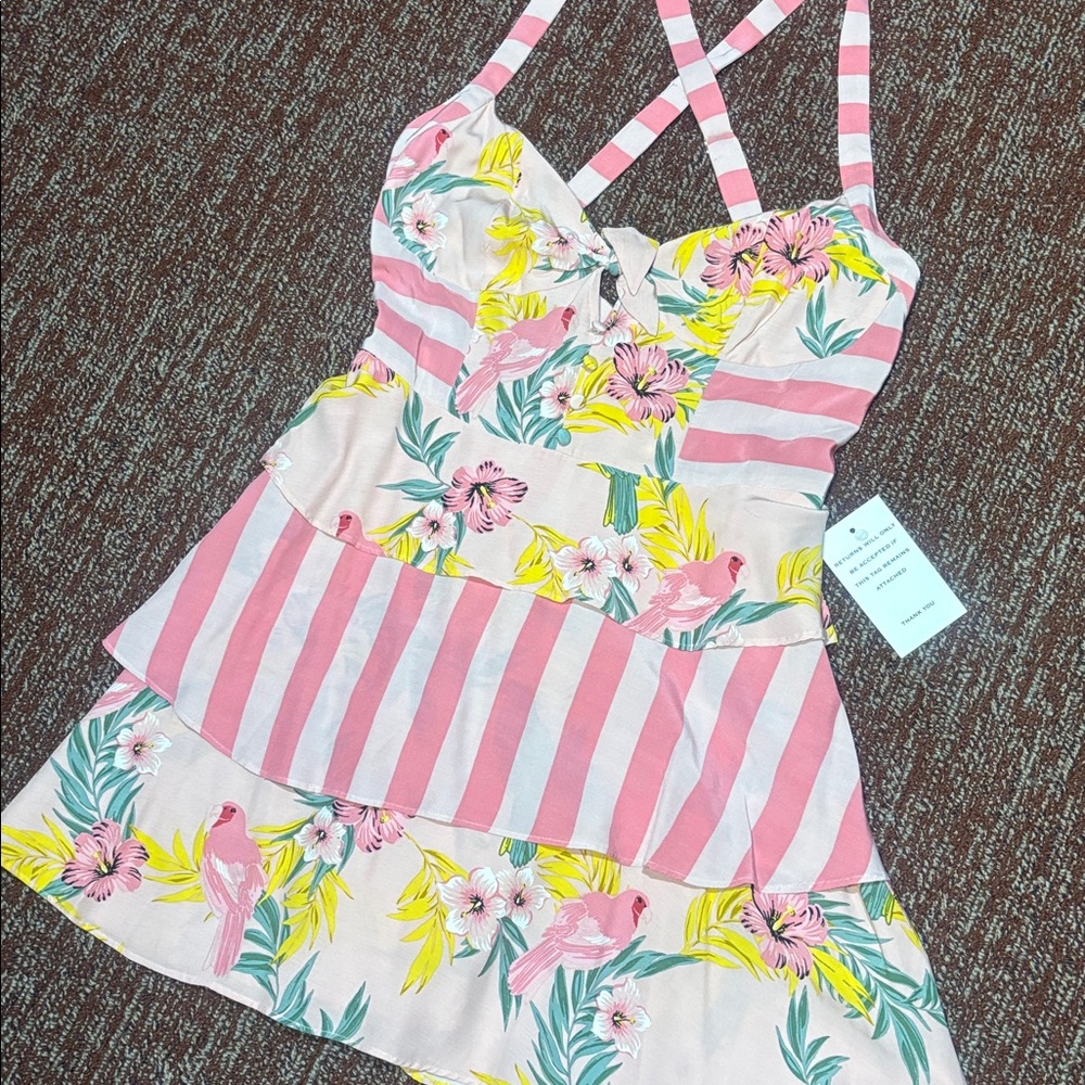 NWT For Love and Lemons Antigua pink stripe layered mini dress women’s small